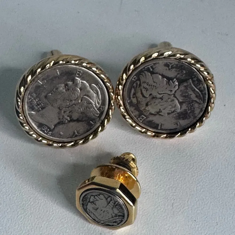 Vintage Pair Of Silver Mercury Dime Cuff Links 1936 & 1943 in Gold w/ Tie Clip